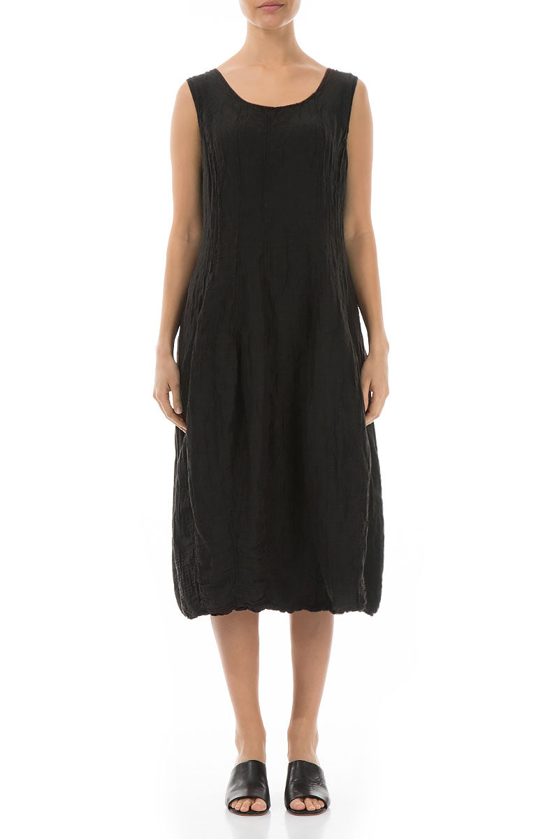 Sleeveless Balloon Crinkled Black Silk Dress