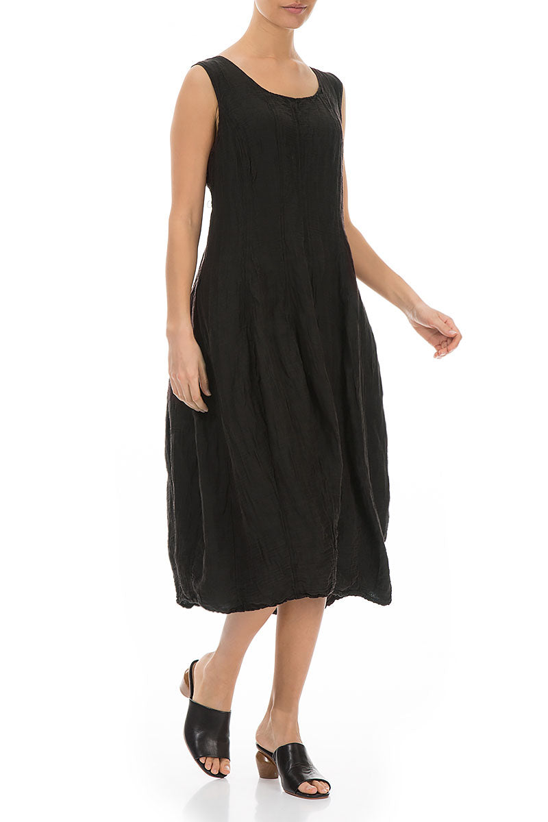 Sleeveless Balloon Crinkled Black Silk Dress