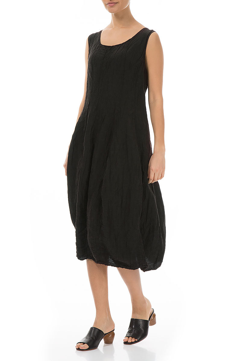 Sleeveless Balloon Crinkled Black Silk Dress