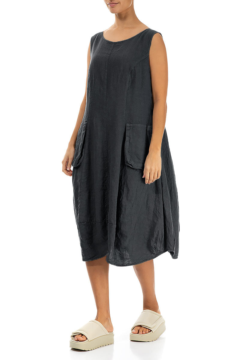 Sleeveless Balloon Graphite Linen Dress
