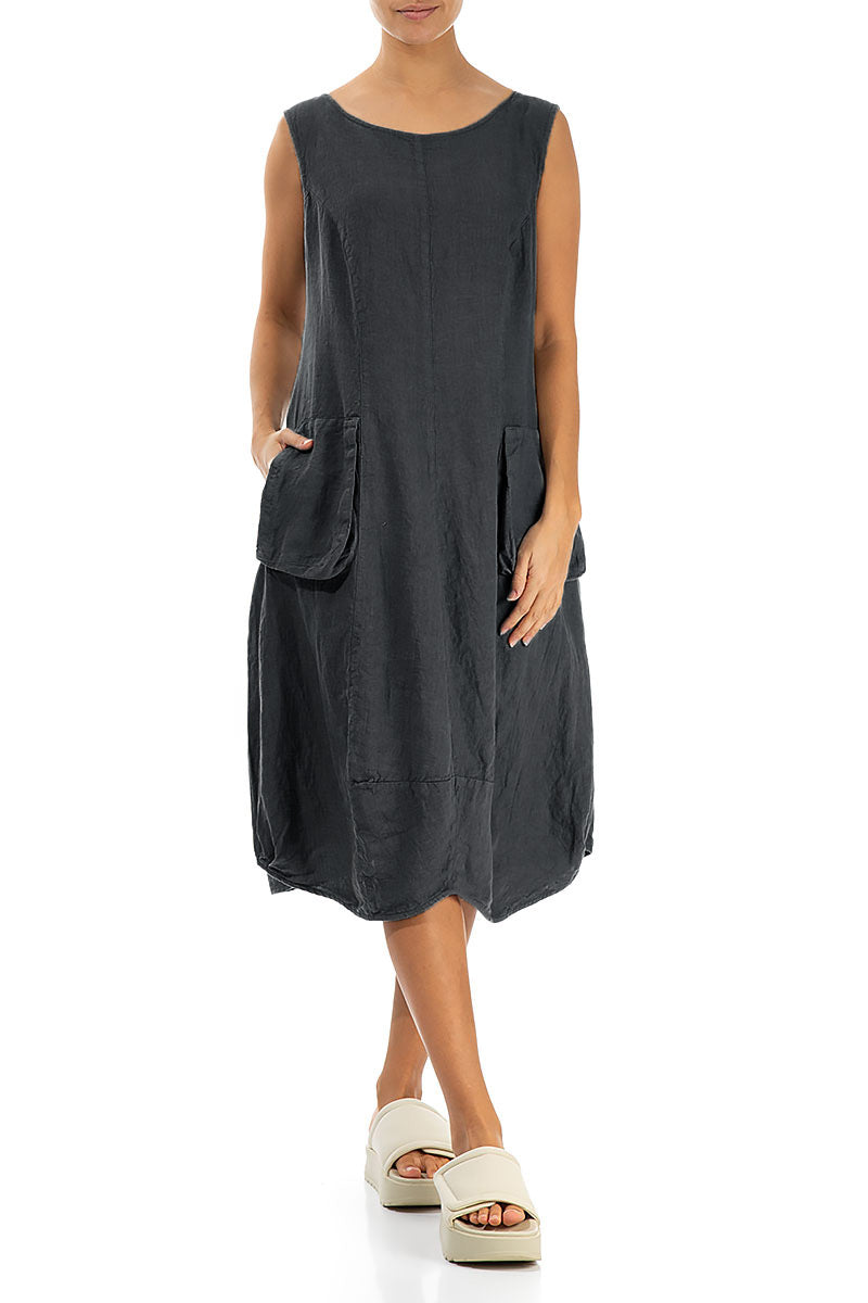 Sleeveless Balloon Graphite Linen Dress