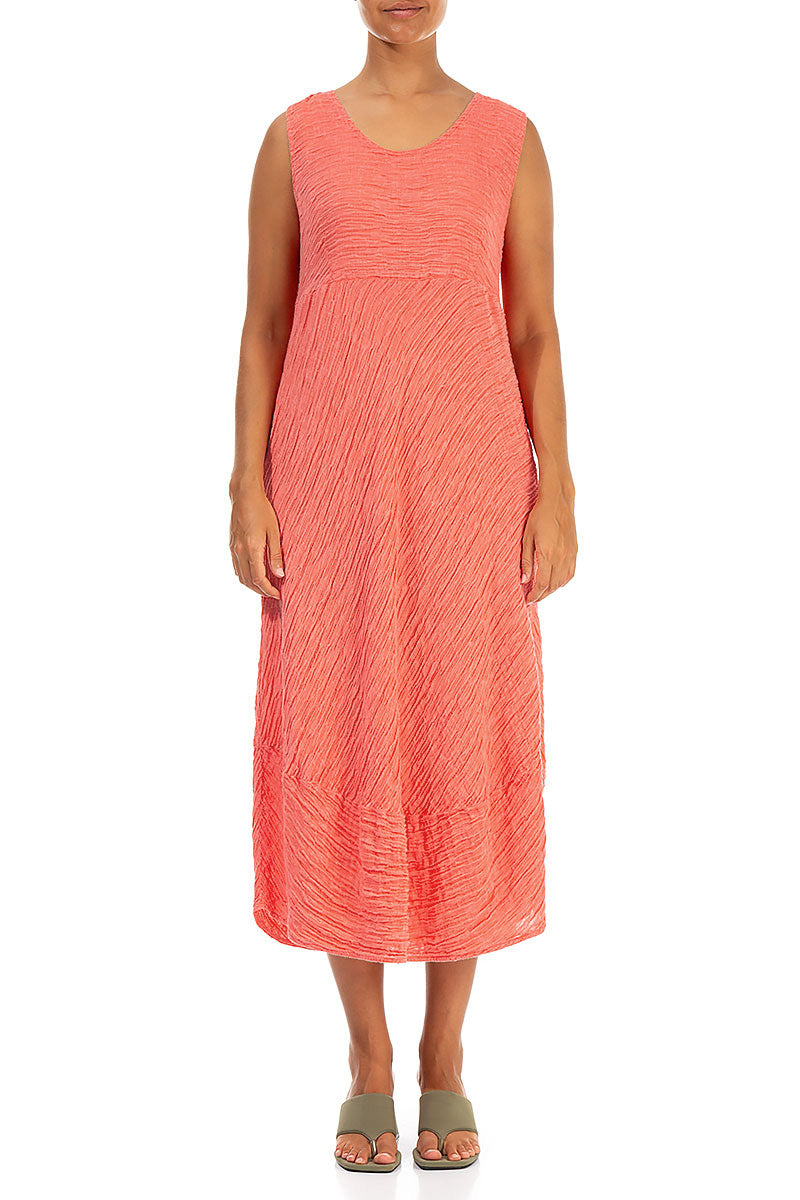 Sleeveless Crinkled Living Coral Silk Dress