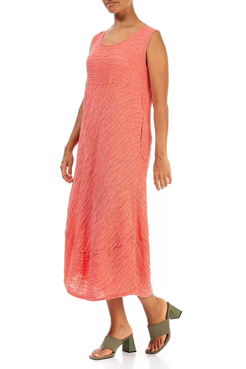 Sleeveless Crinkled Living Coral Silk Dress