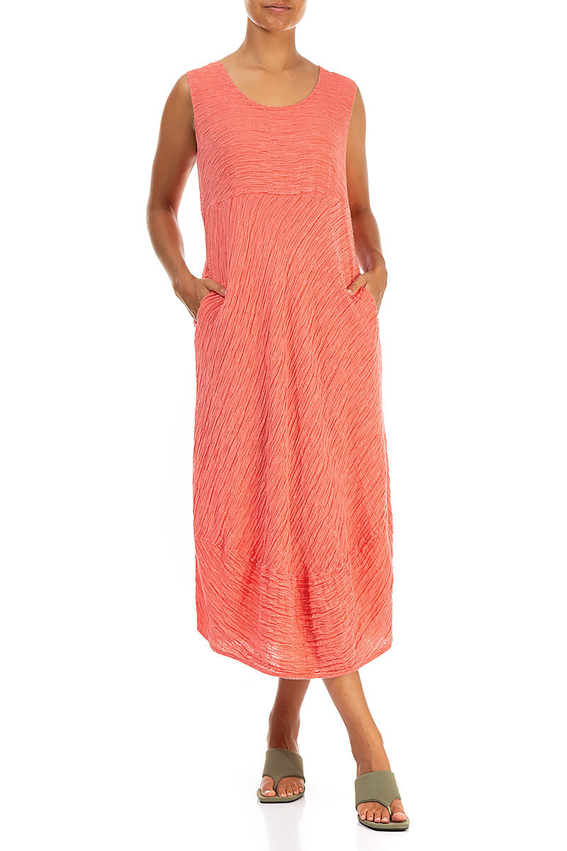 Sleeveless Crinkled Living Coral Silk Dress
