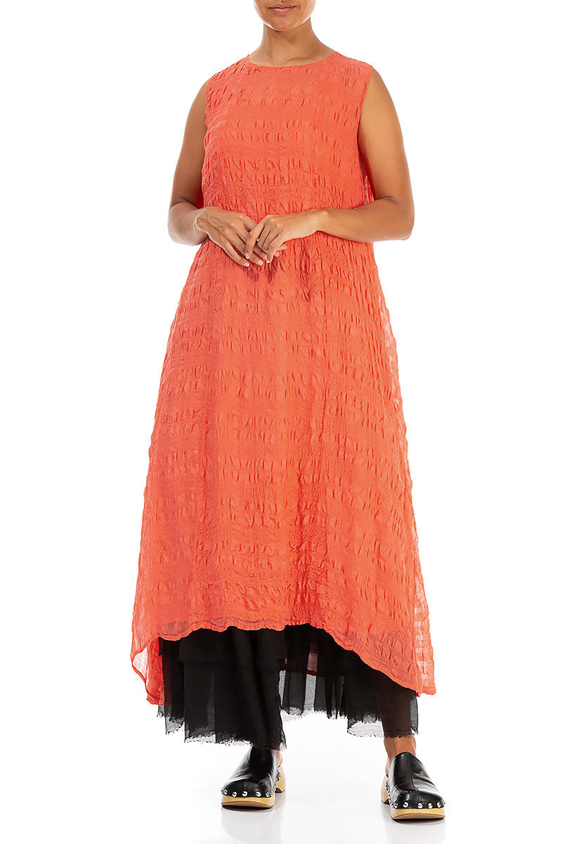 Sleeveless Textured Living Coral Silk Dress