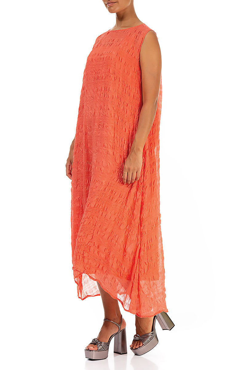 Sleeveless Textured Living Coral Silk Dress