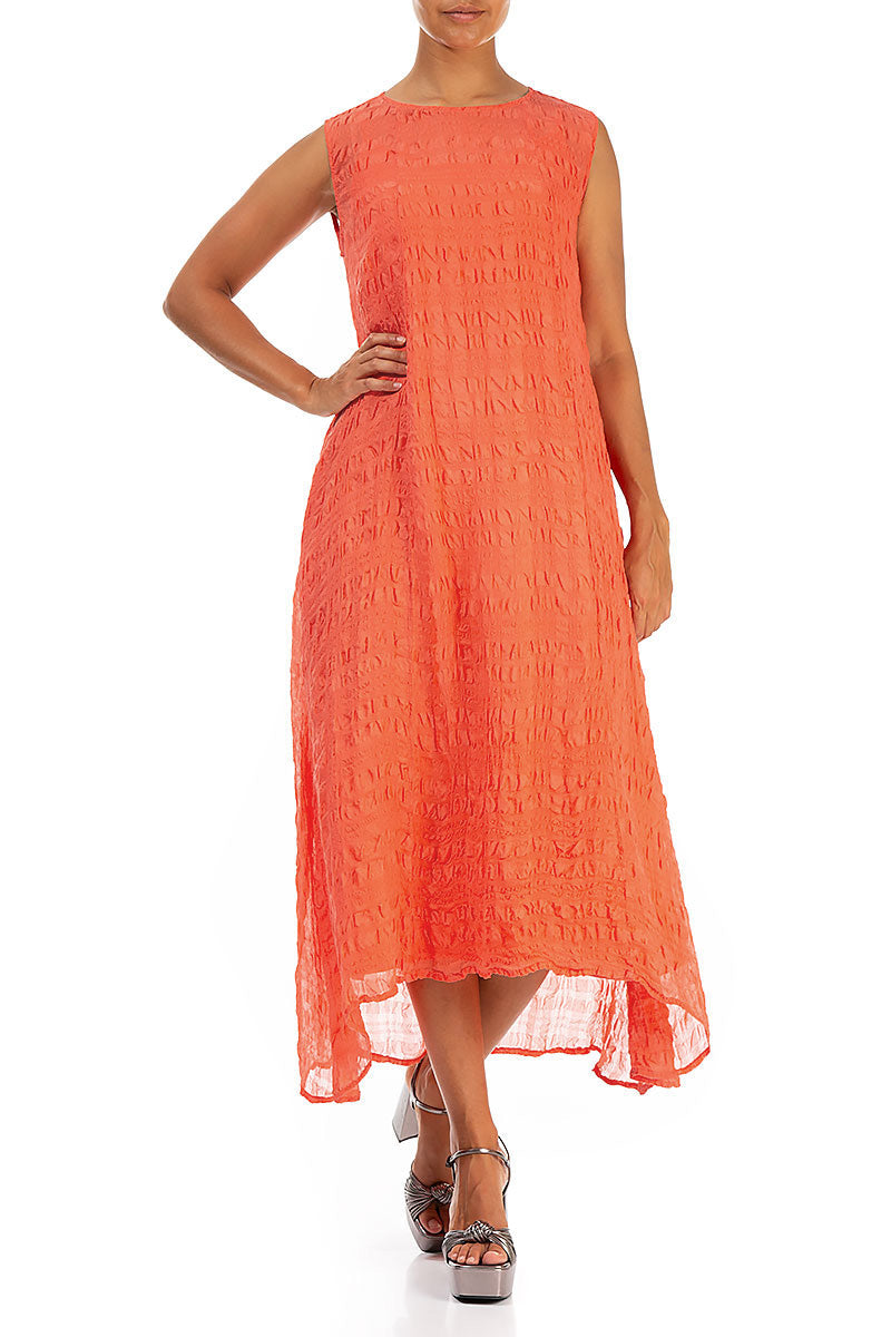 Sleeveless Textured Living Coral Silk Dress