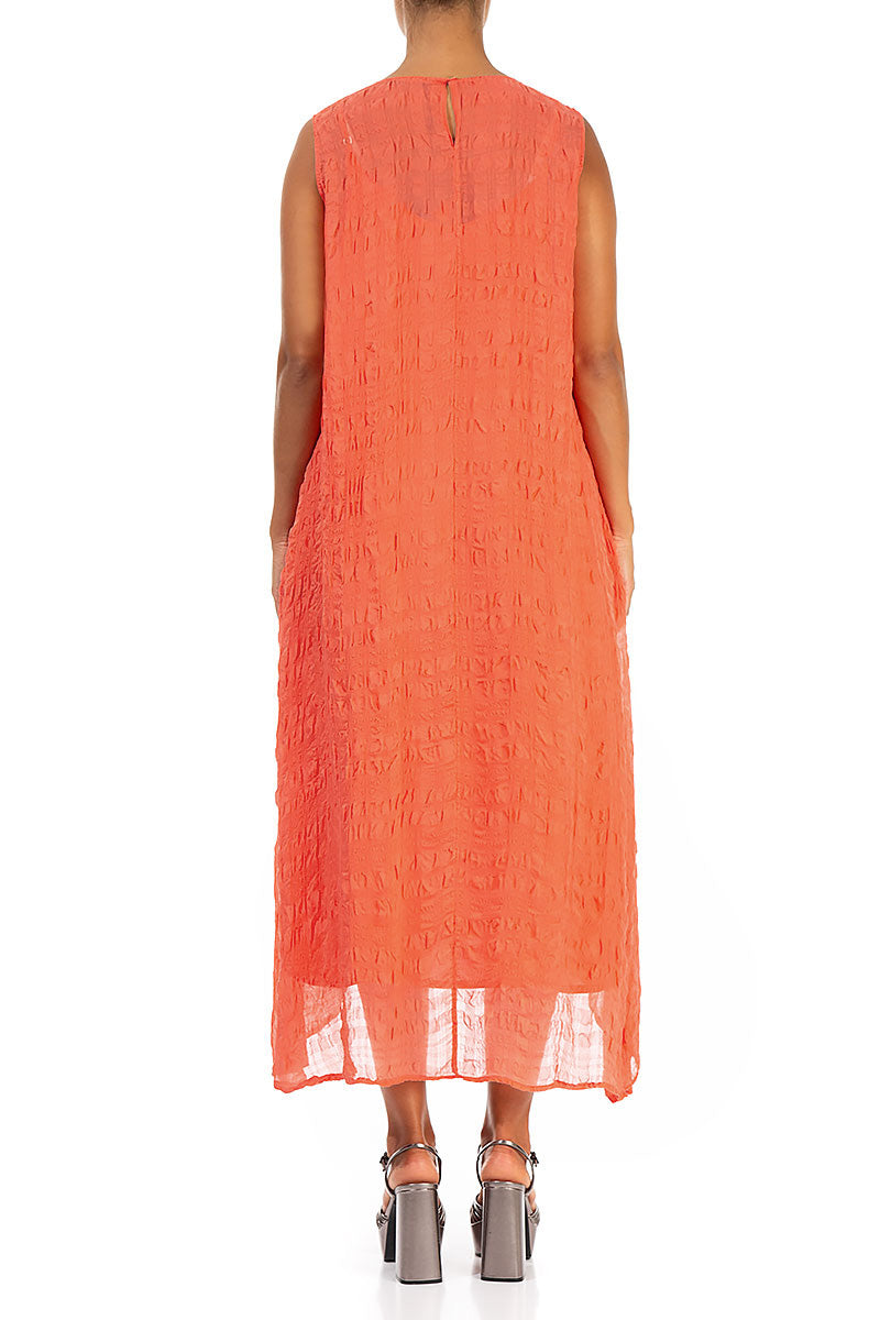 Sleeveless Textured Living Coral Silk Dress