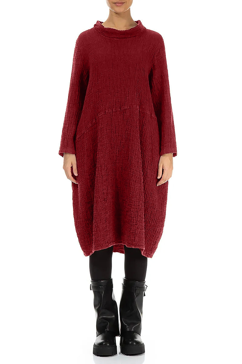 Soft Cowl Cherry Red Textured Linen Dress