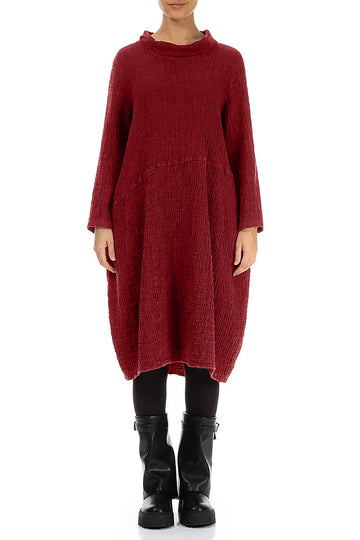 Soft Cowl Cherry Red Textured Linen Dress