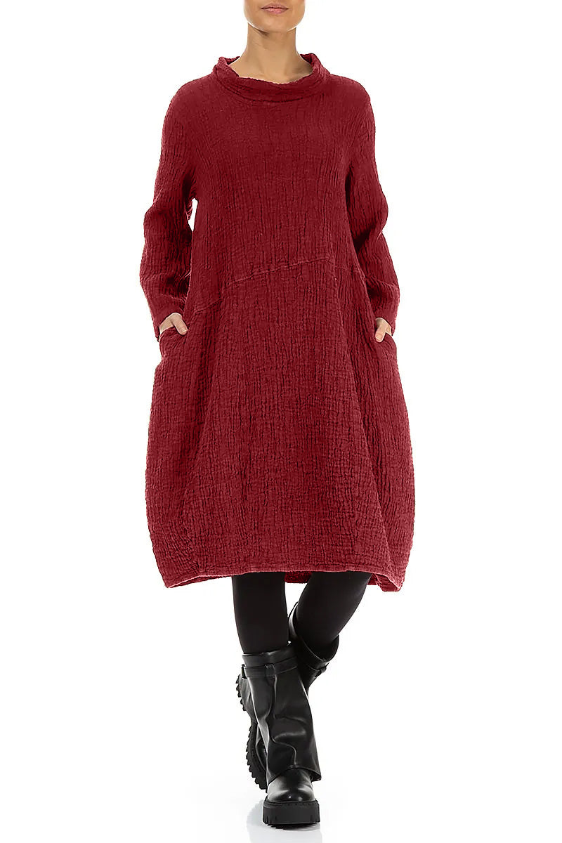 Soft Cowl Cherry Red Textured Linen Dress