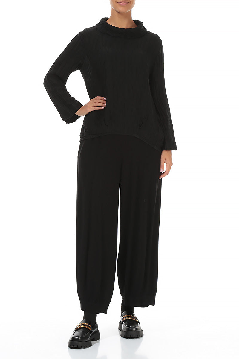 Soft Cowl Neck Crinkled Black Silk Blouse