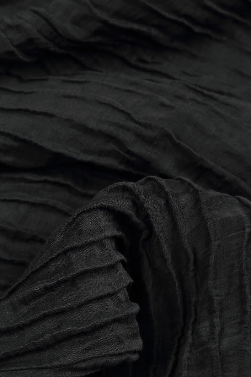 Square Neck Crinkled Black Silk Linen Blouse