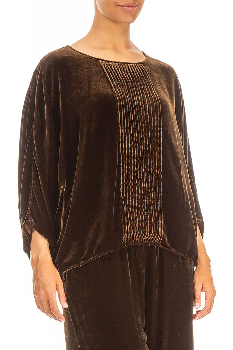 Tuck Front Aged Copper Silk Velvet Blouse 3
