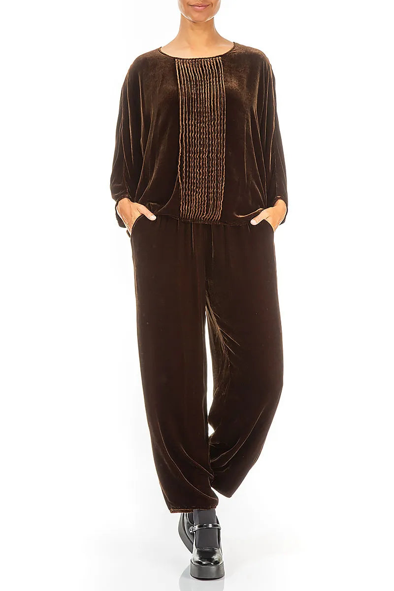 Tuck Front Aged Copper Silk Velvet Blouse 4