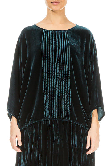 Tuck Front Peacock Silk Velvet Blouse