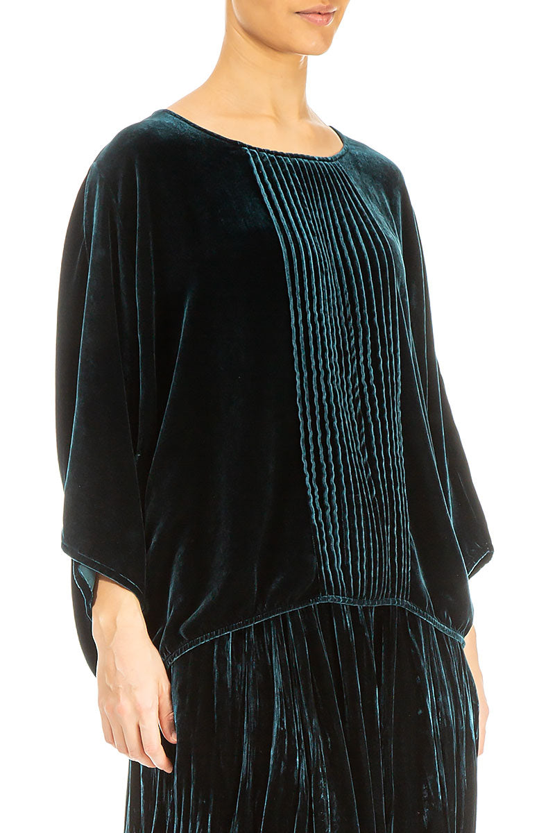 Tuck Front Peacock Silk Velvet Blouse