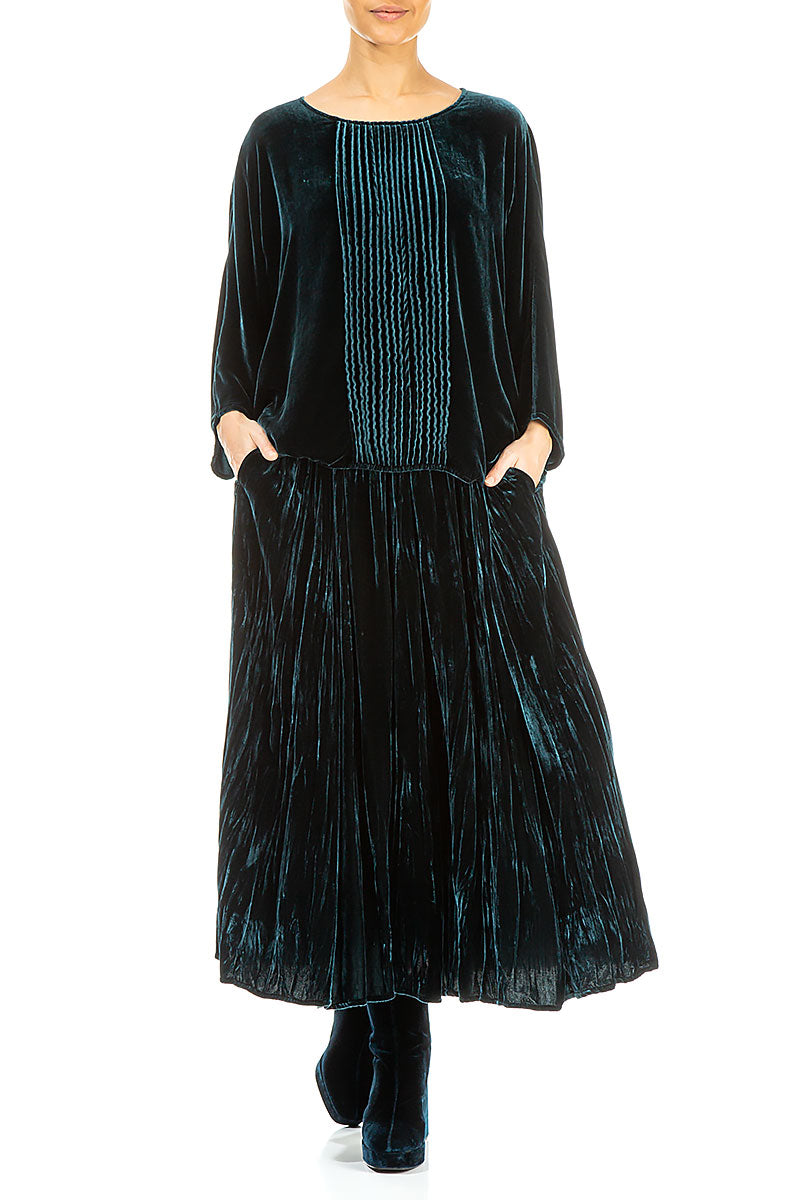 Tuck Front Peacock Silk Velvet Blouse