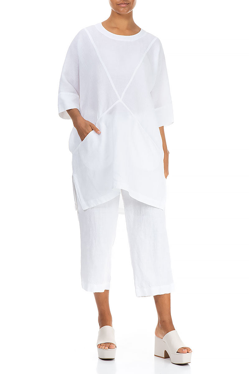 Two Front Pockets White Linen Tunic