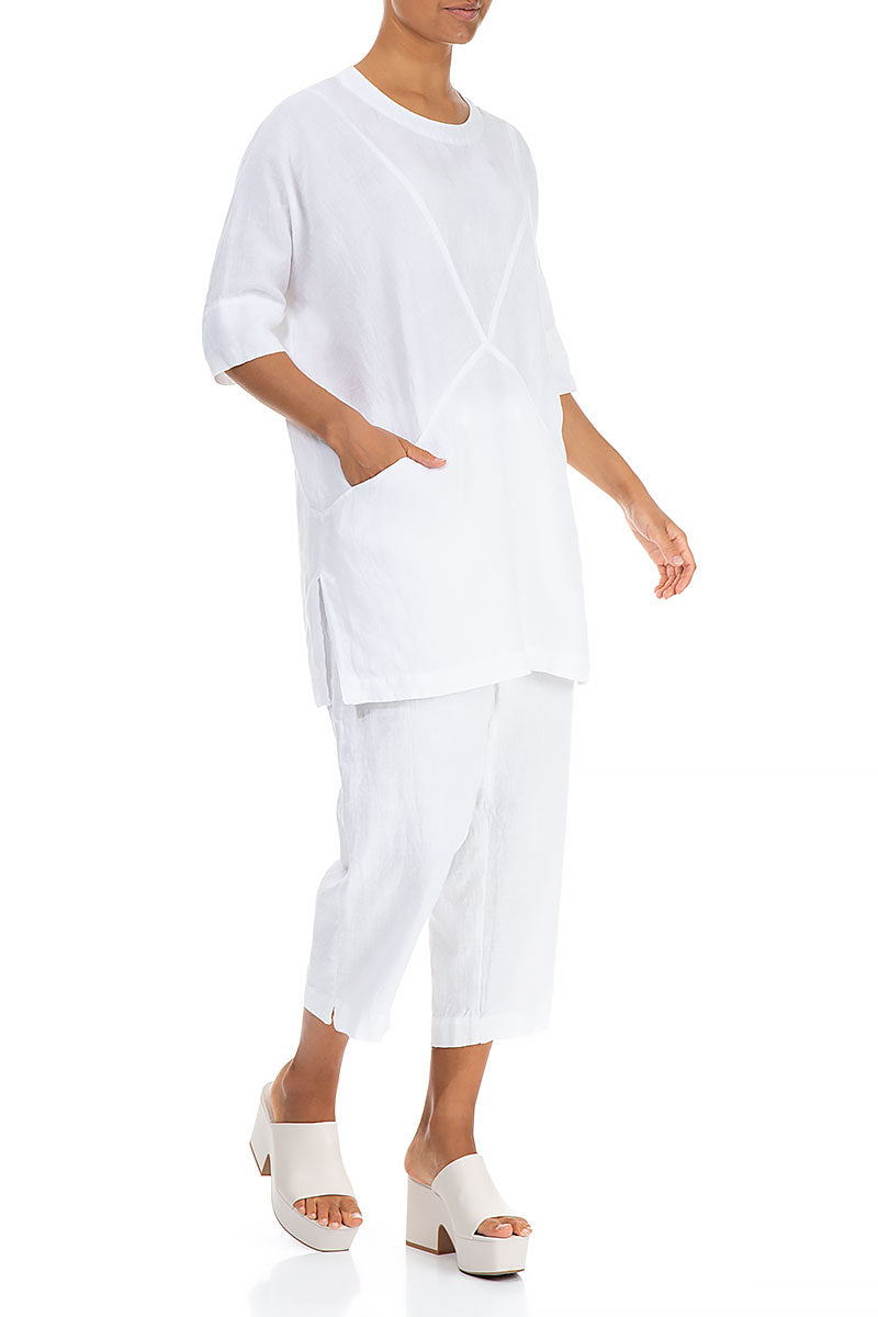 Two Front Pockets White Linen Tunic