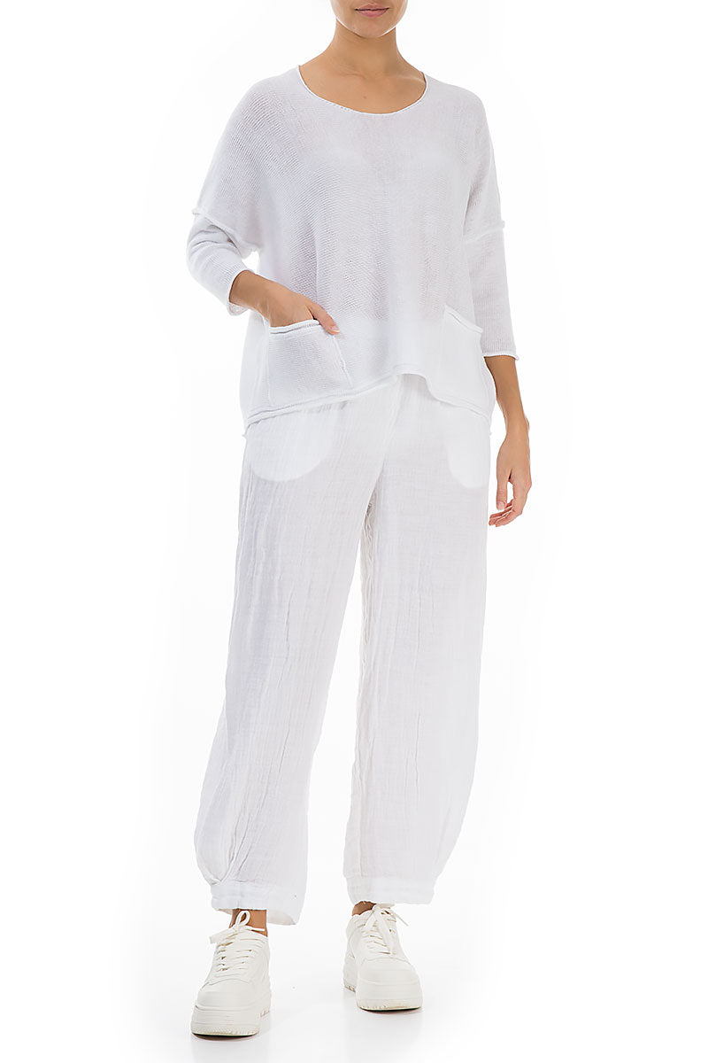 Two Pockets White Linen Jumper