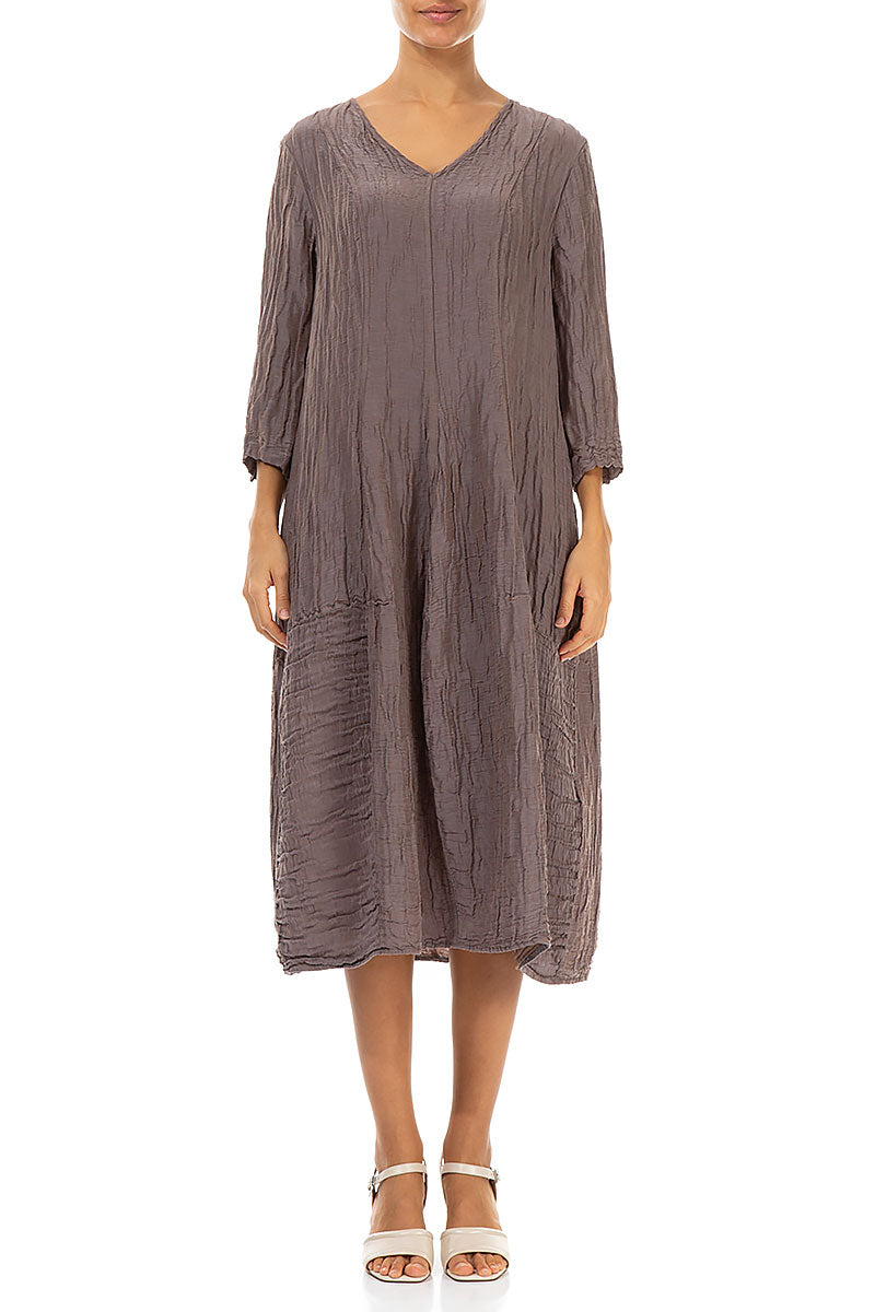 V-Neck Crinkled Truffle Silk Linen Dress