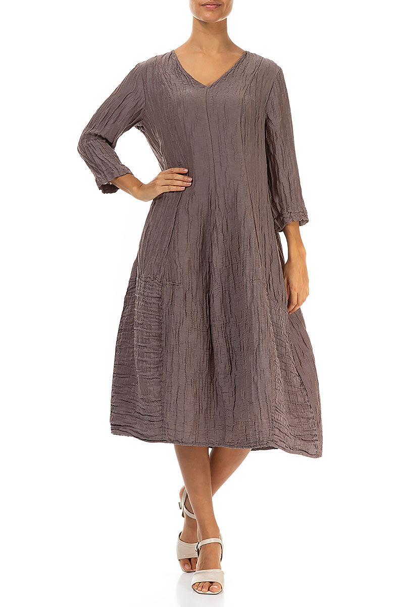 V-Neck Crinkled Truffle Silk Linen Dress