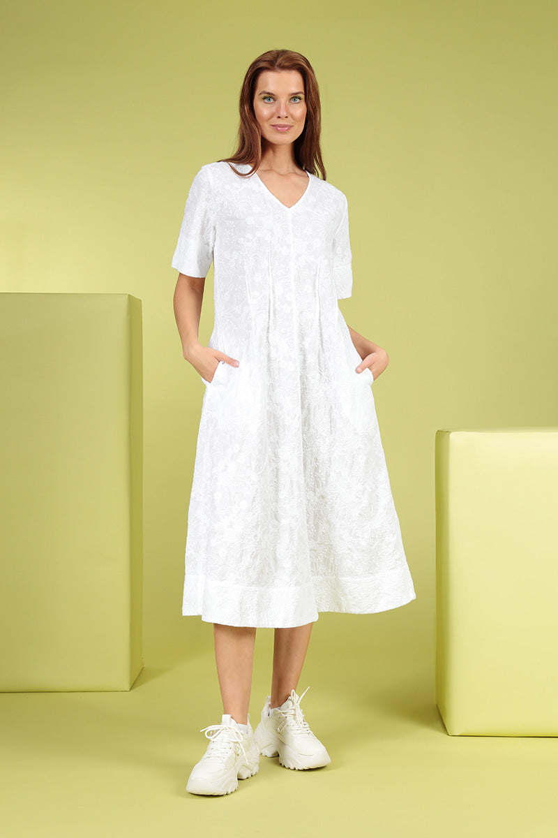 V-Neck Embroidered Flowers White Cotton Dress