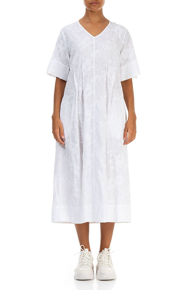 V-Neck Embroidered Flowers White Cotton Dress