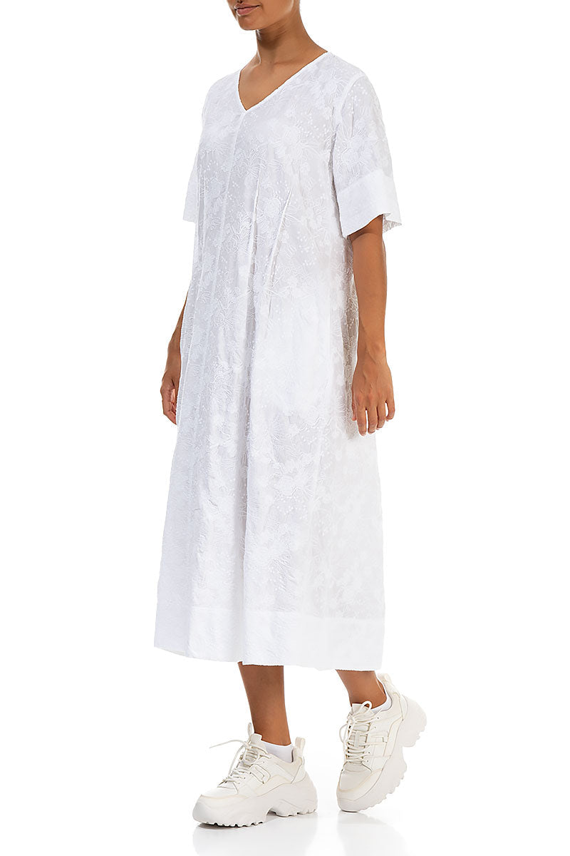 V-Neck Embroidered Flowers White Cotton Dress