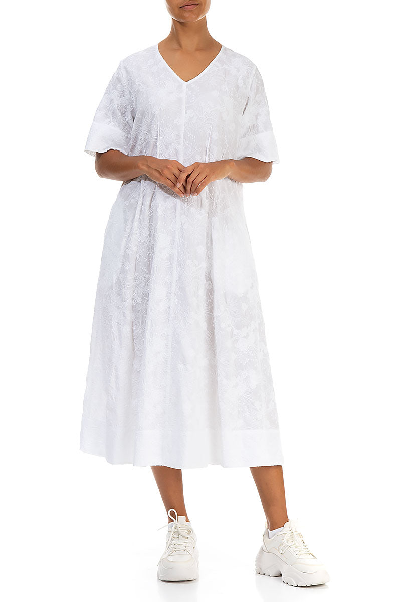 V-Neck Embroidered Flowers White Cotton Dress