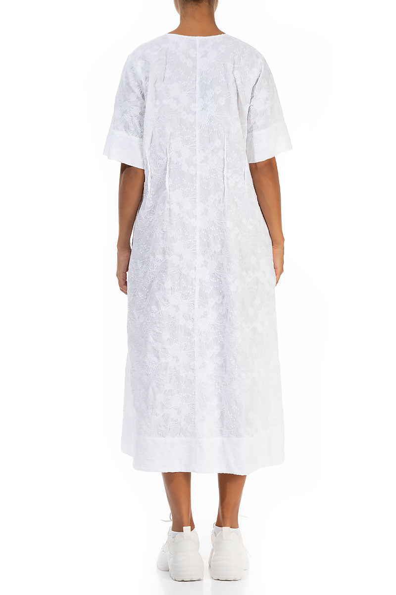 V-Neck Embroidered Flowers White Cotton Dress