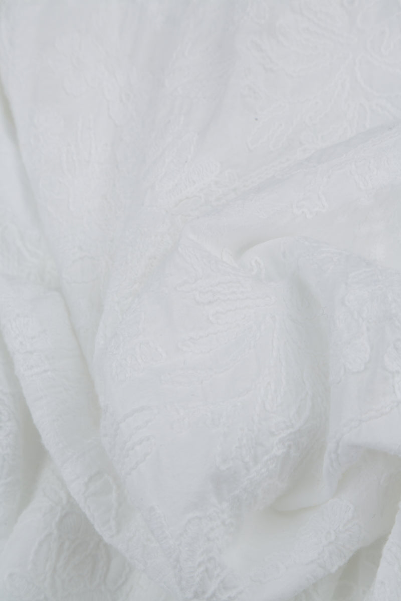 V-Neck Embroidered Flowers White Cotton Dress