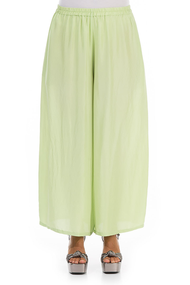 Wide Flowy Green Sorbet Pure Silk Trousers