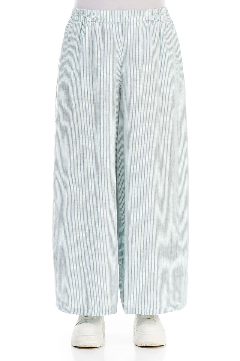 Wide Leg Blue Striped Linen Trousers
