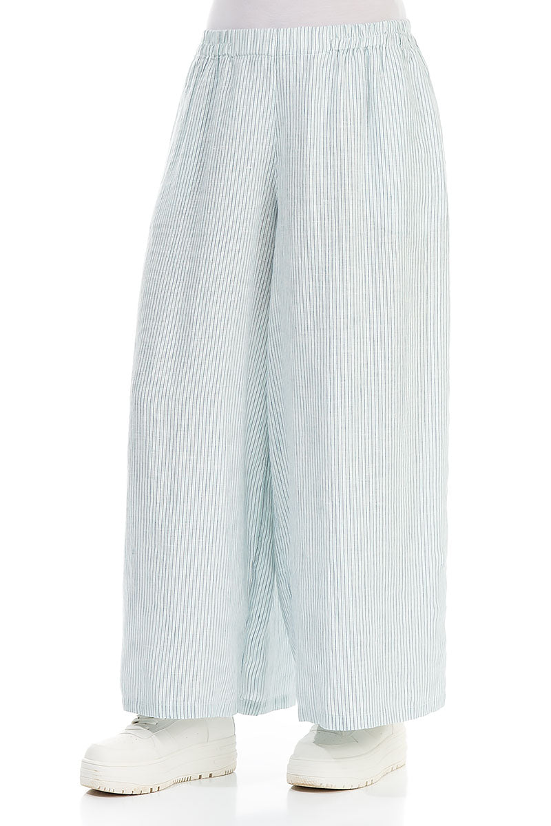Wide Leg Blue Striped Linen Trousers