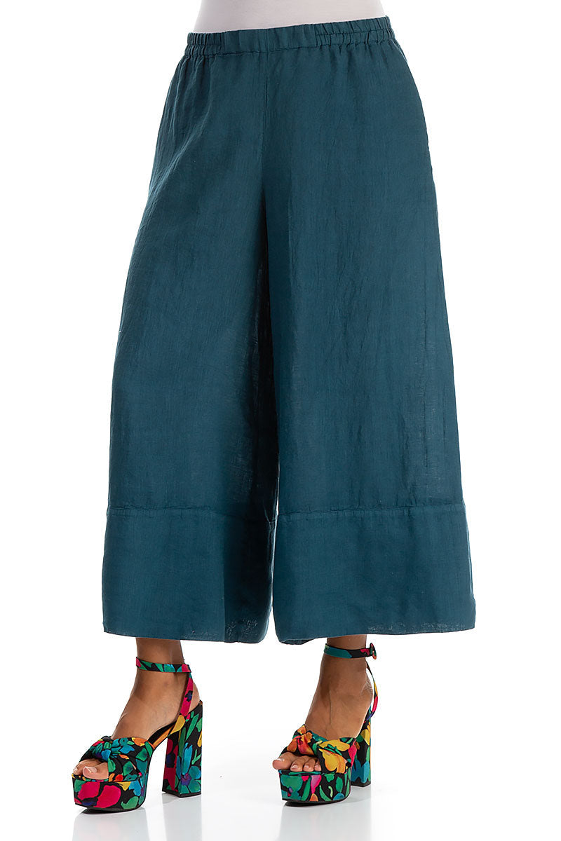 Wide Leg Cuffs Dark Teal Linen Culottes
