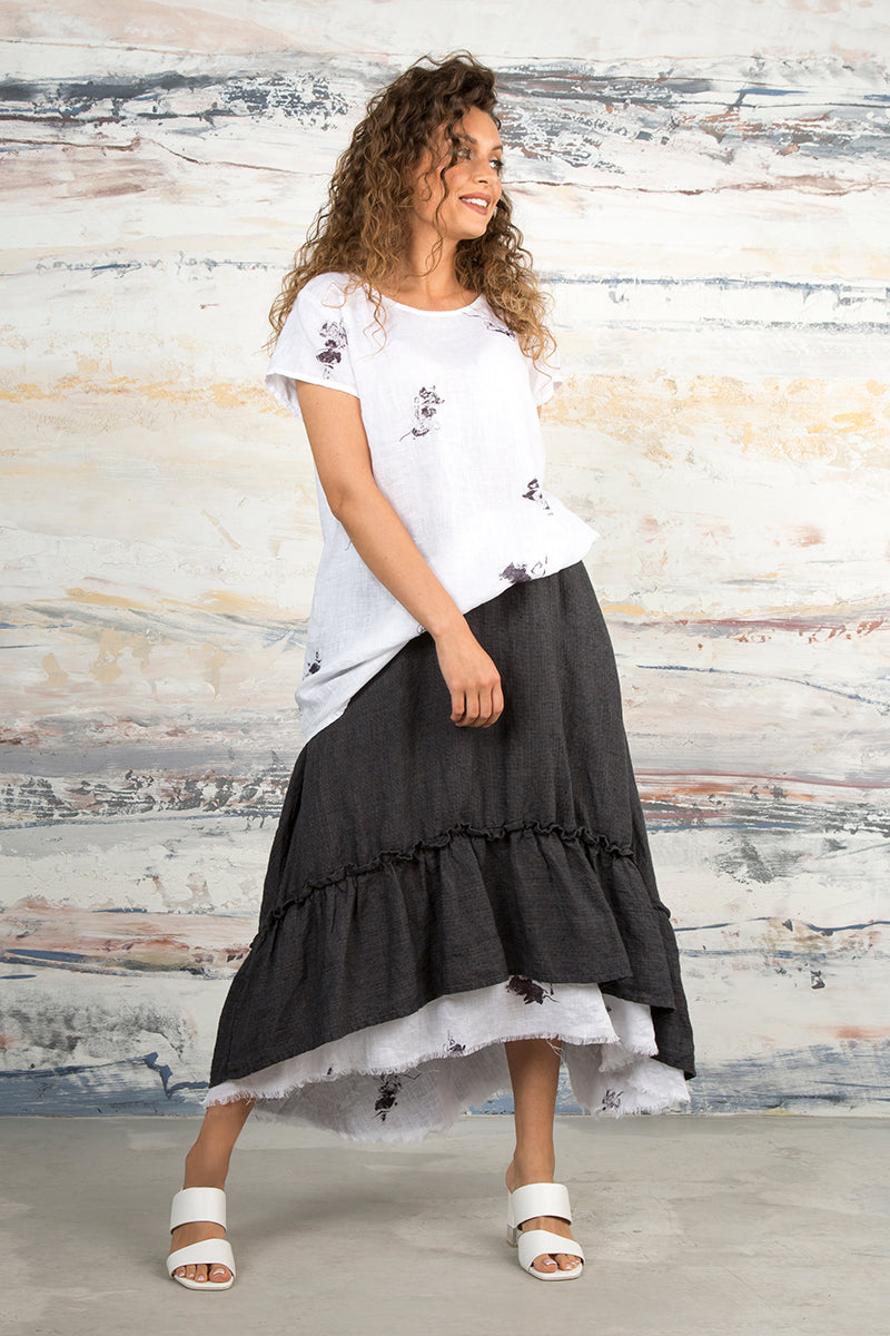 Ruffled Tweedy Linen Midi Skirt