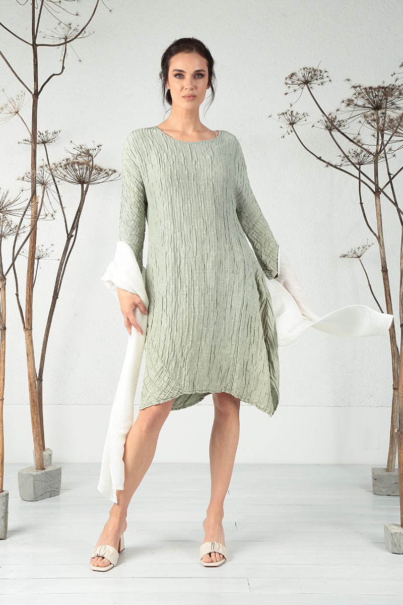 Asymmetrical Crinkled Pistachio Silk Dress