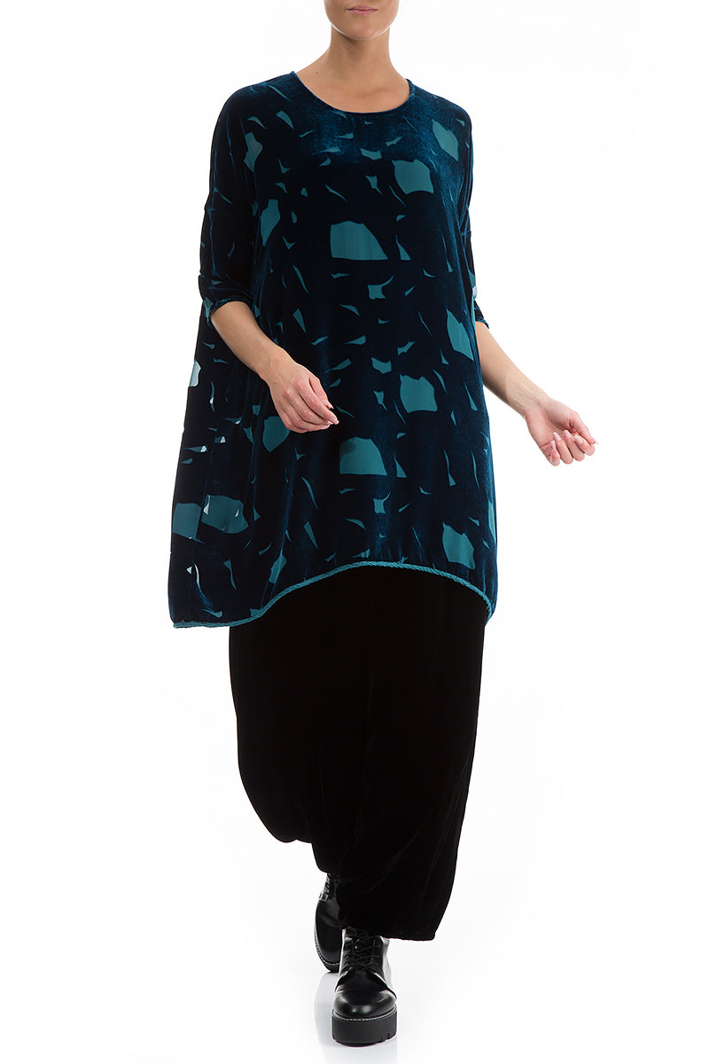 Abstract Pattern Dark Turquoise Velvet Tunic