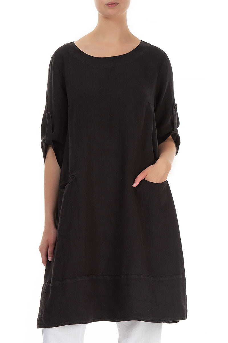 Adjustable Sleeves Black Linen Tunic