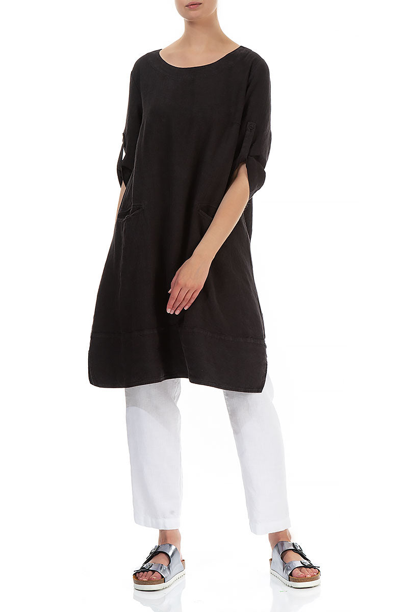 Adjustable Sleeves Black Linen Tunic