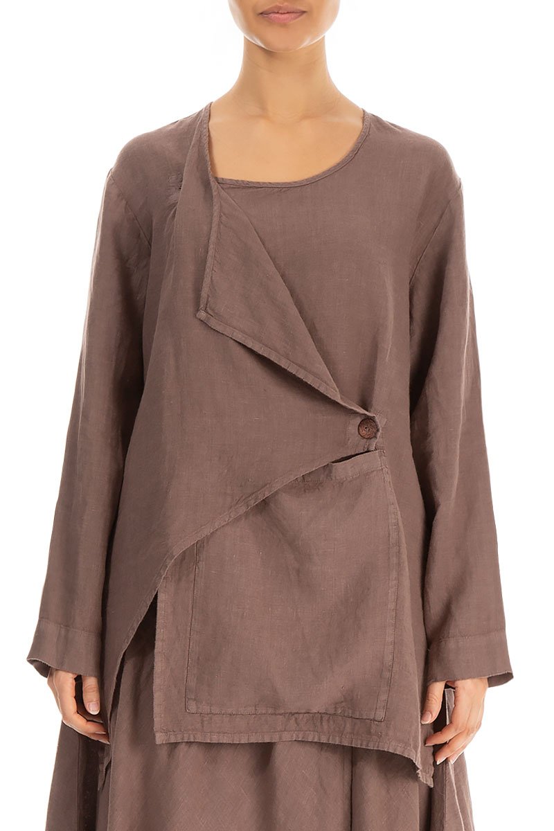 Asymmetric Front Pocket Cocoa Linen Jacket