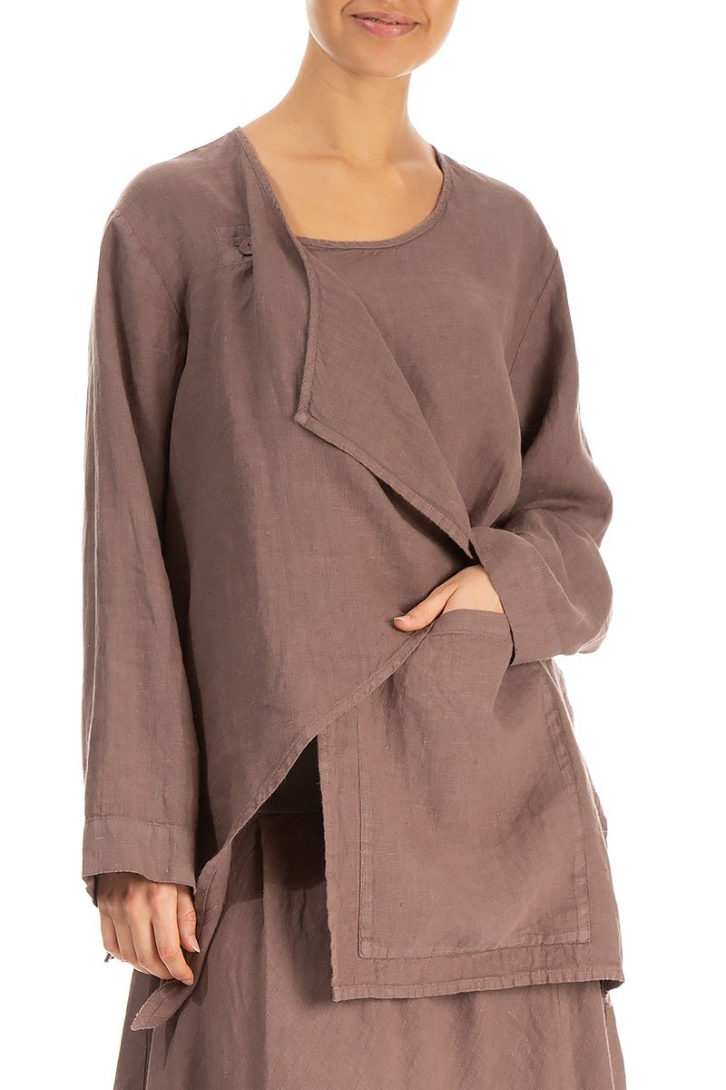 Asymmetric Front Pocket Cocoa Linen Jacket