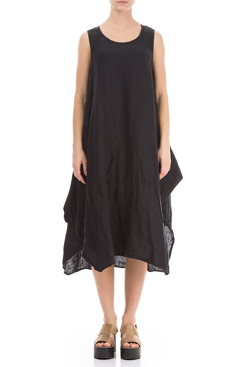 Asymmetric Sleeveless Black Linen Dress