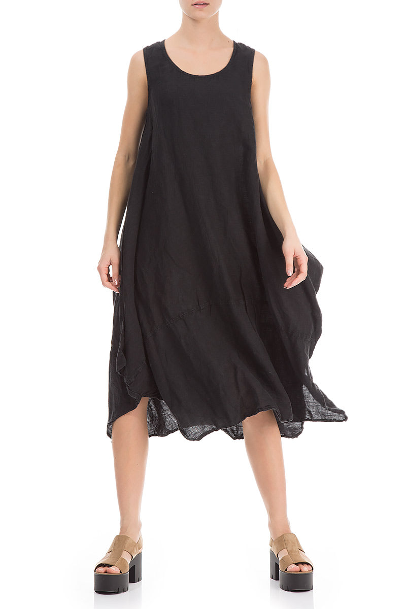 Asymmetric Sleeveless Black Linen Dress