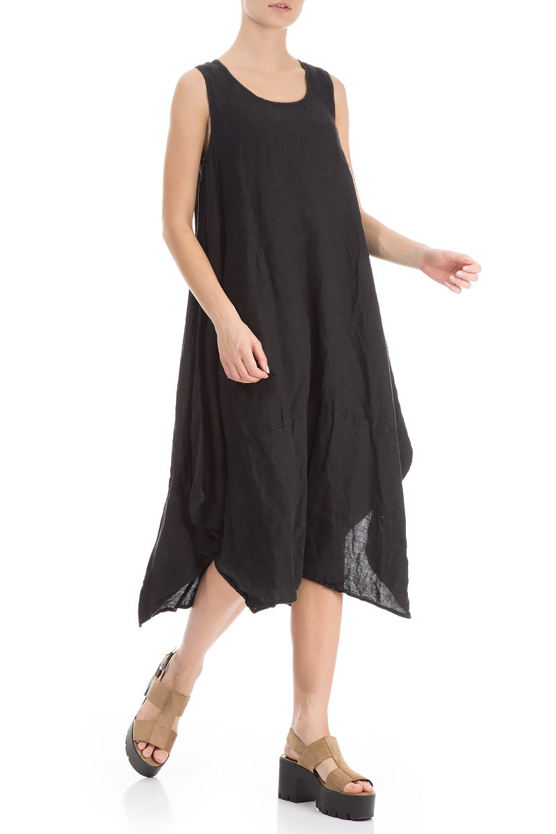 Asymmetric Sleeveless Black Linen Dress