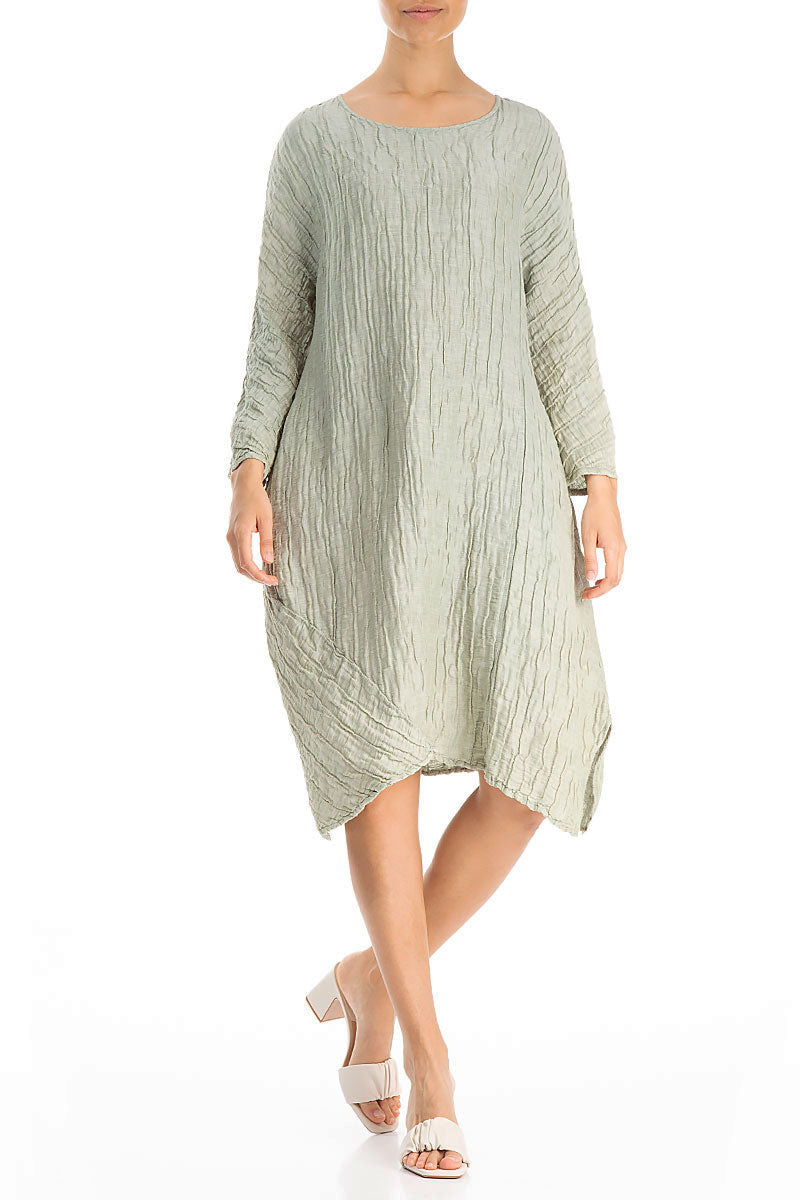 Asymmetrical Crinkled Pistachio Silk Dress