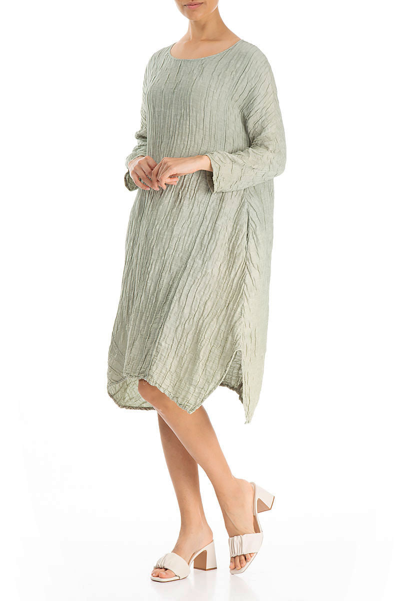 Asymmetrical Crinkled Pistachio Silk Dress