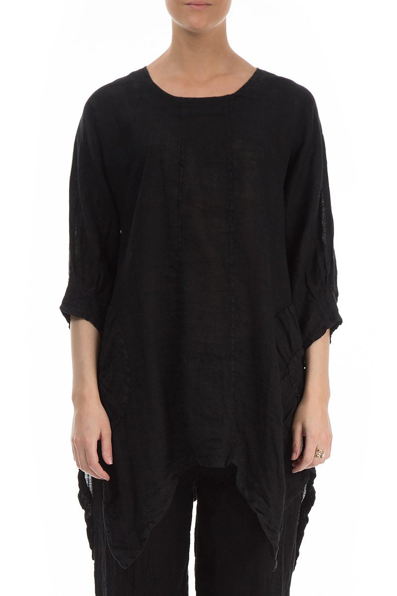 Asymmetrical Hem Black Linen Tunic